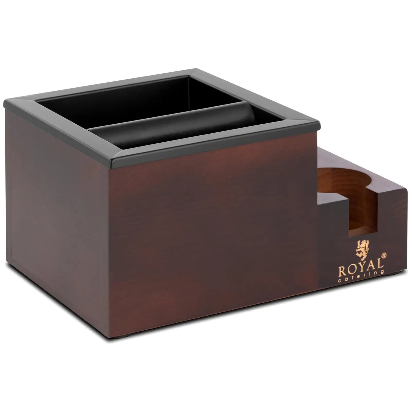 Caja para posos de café - Acero inoxidable / madera - 3,1 L - Con barra de golpeo y compartimento para accesorios - Royal Catering